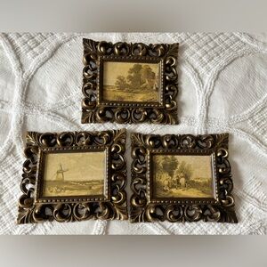Ornate Gold Picture Frames Set Featuring Pastoral Prints